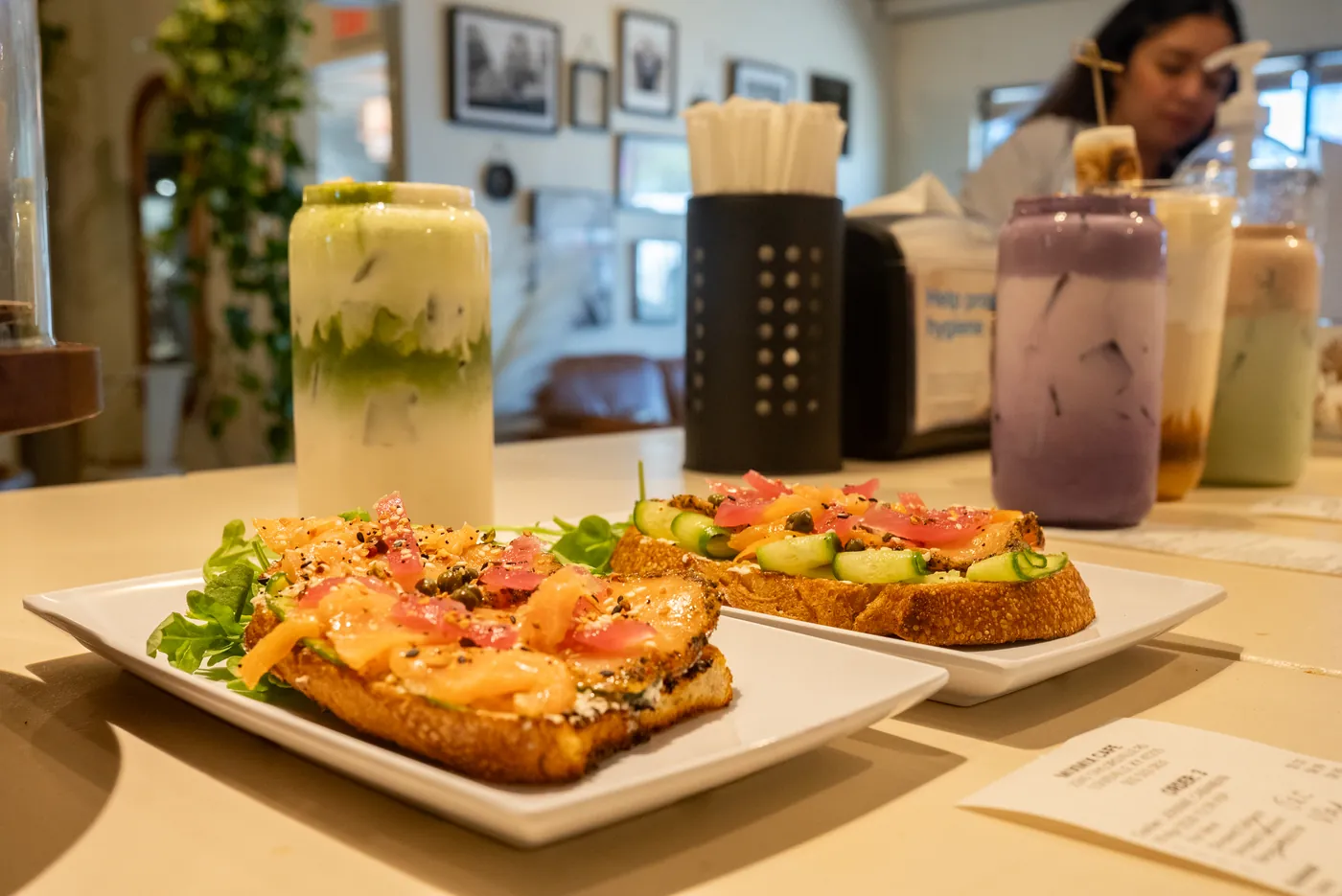Smoked salmon on toast with ube matcha and garnish